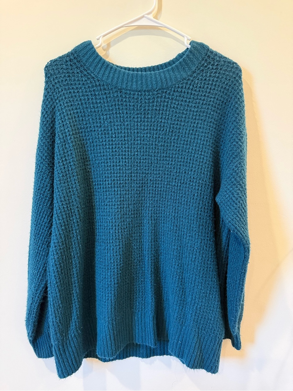 American Eagle Outfitters Teal Waffle-Knit Crewneck Sweater